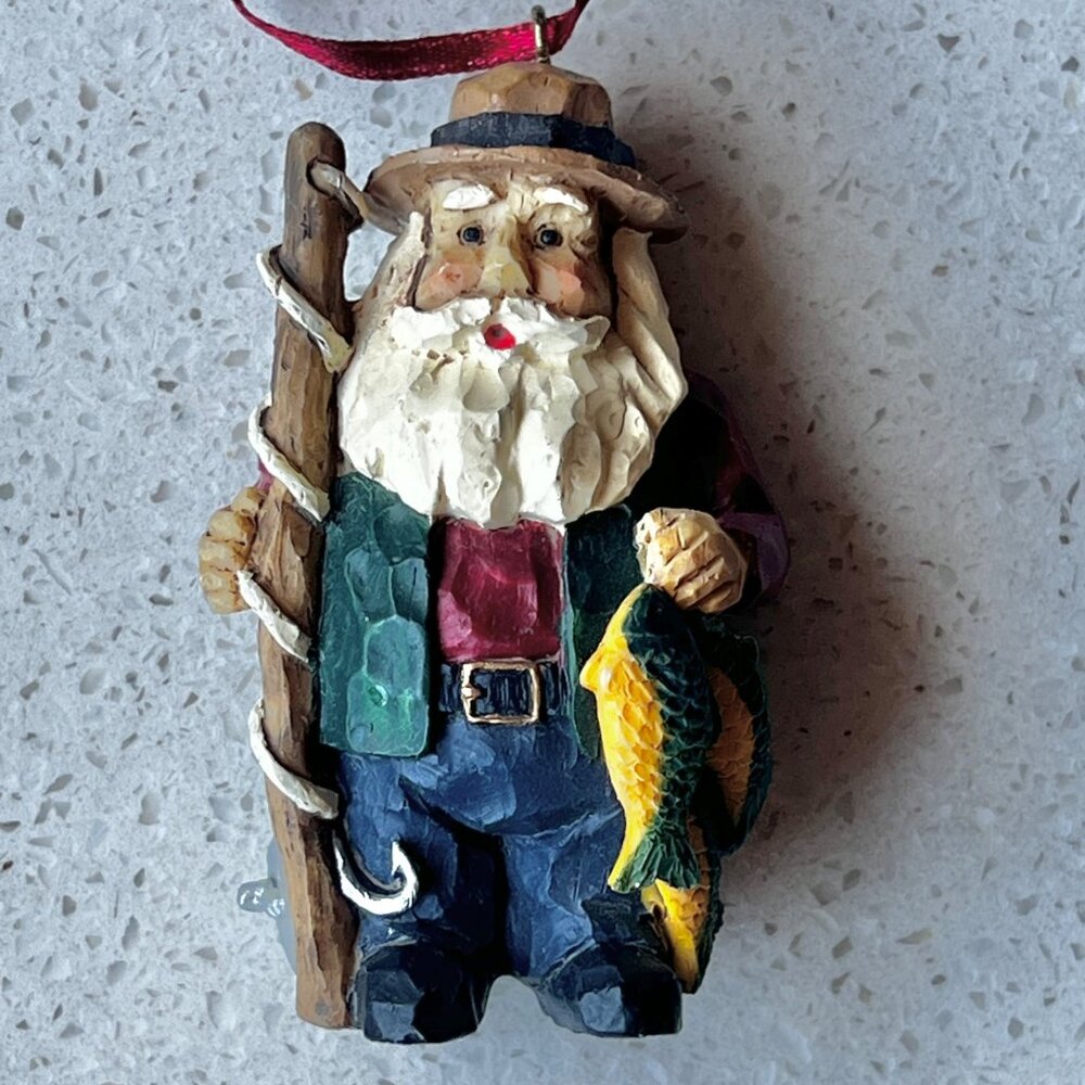 Hand-Carved Santa Fisherman Christmas Ornament With Fishing Pole & Fish